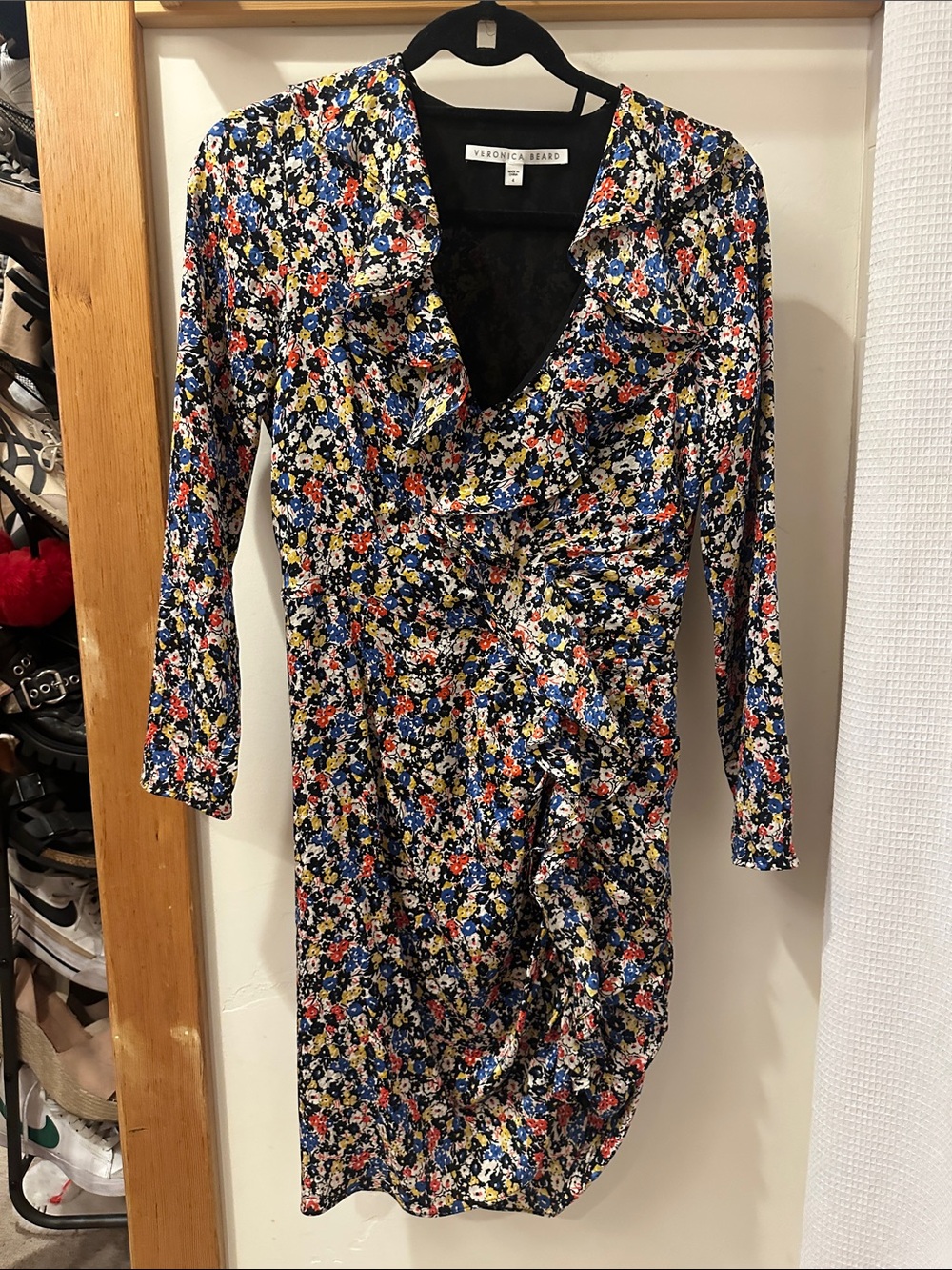 Veronica Beard Navy Floral Long-Sleeve Wrap Dress